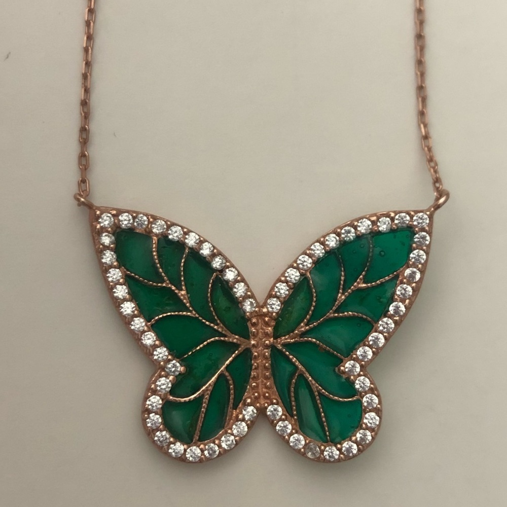 925 Silver green butterfly necklace cz stones rose gold plated